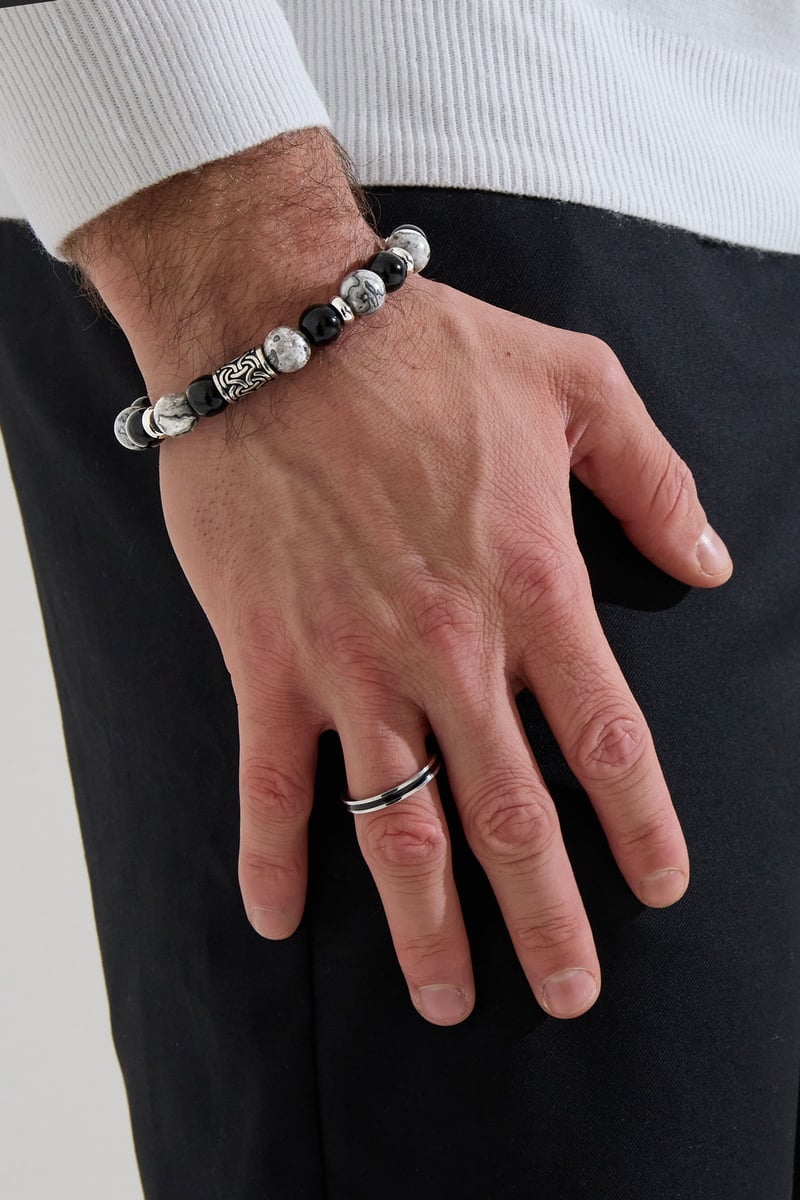 Men's bracelet beaded silver color details - gray