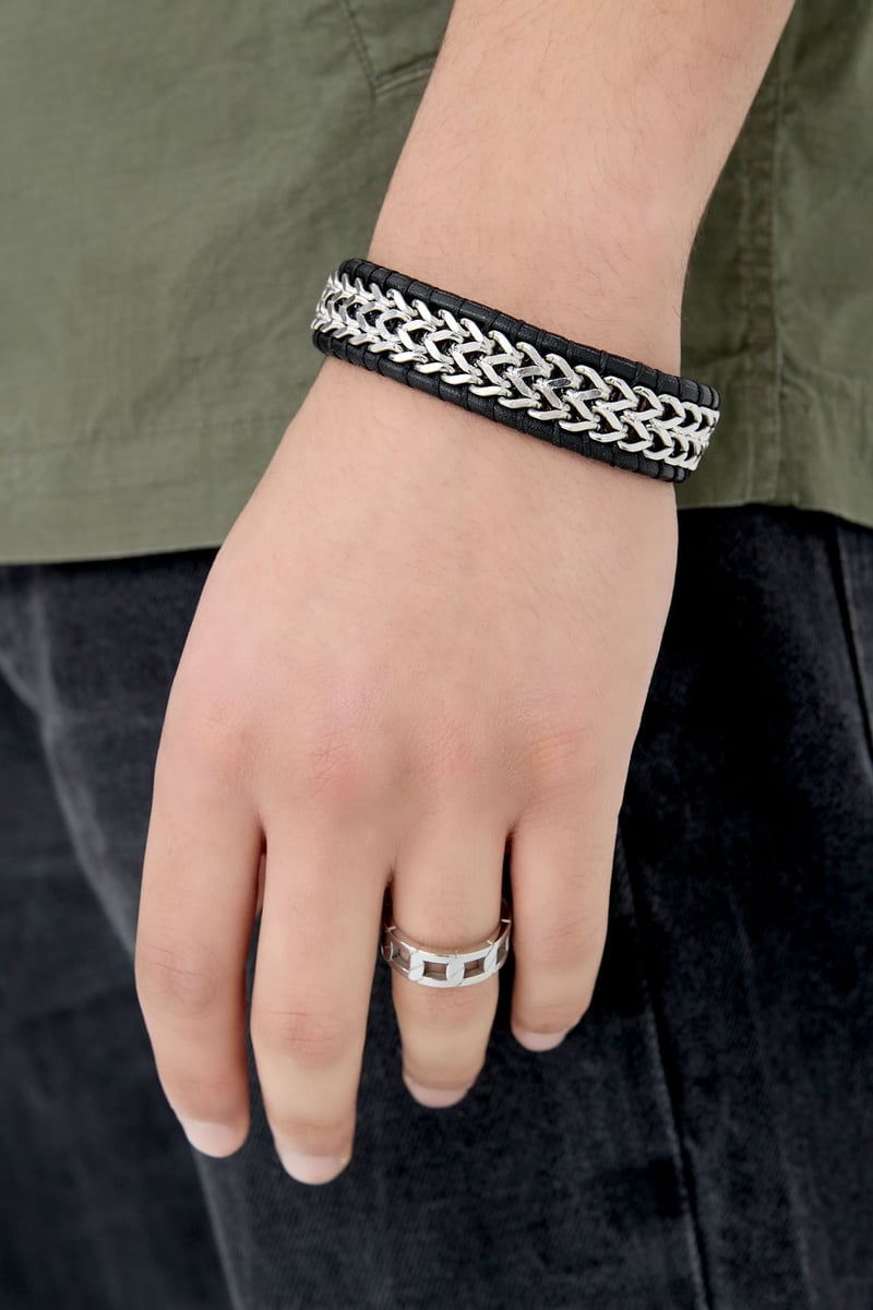 Heren armband gechakeld met leer - zilver zwart