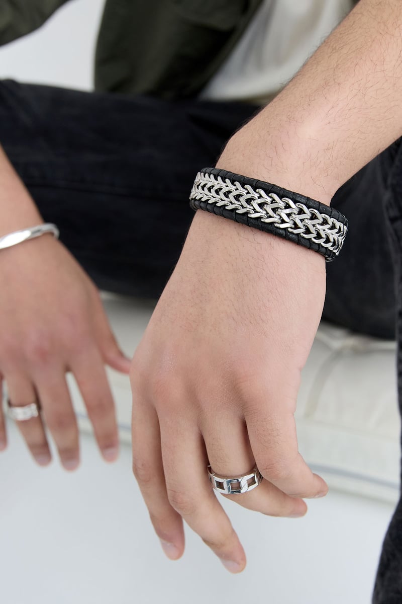 Heren armband gechakeld met leer - zilver zwart
