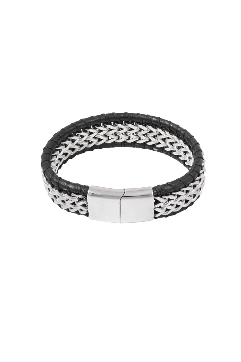 Heren armband gechakeld met leer - zilver zwart
