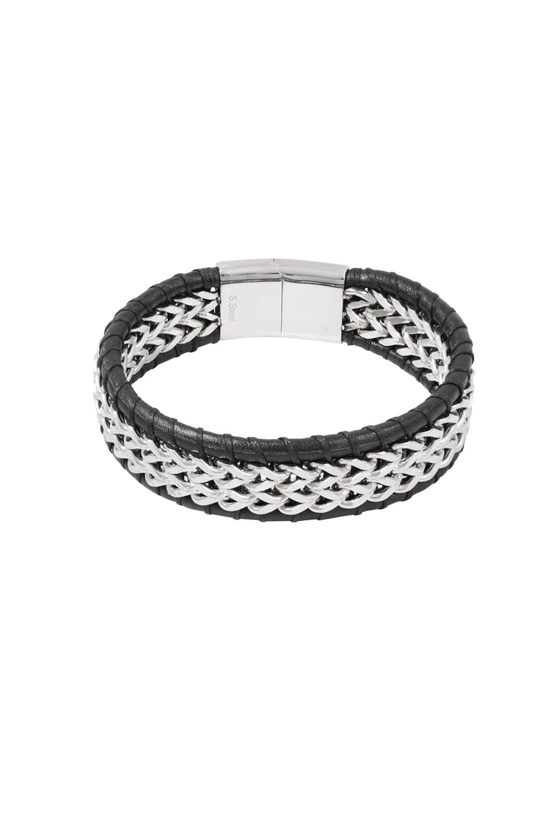 Heren armband gechakeld met leer - zilver zwart